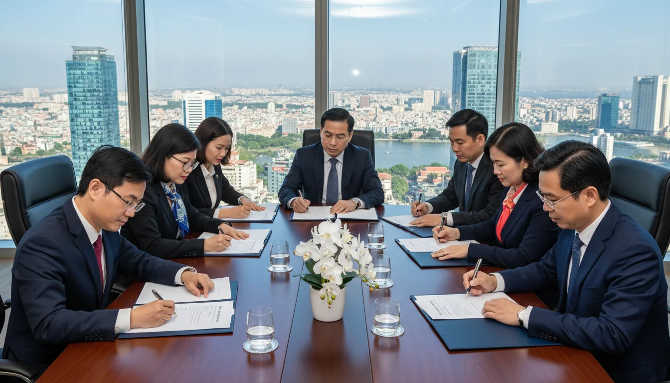 Vietnamese corporate leaders signing DE&I commitment documents.