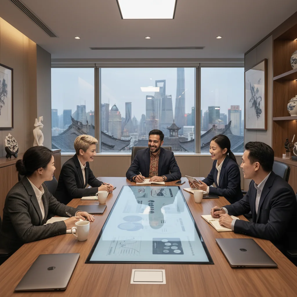 A photorealistic image representing diversity, equity, and inclusion in a Chinese corporate setting, showing a diverse group of adult professionals from various ethnic backgrounds collaborating in a modern office environment in China, symbolizing unity and fairness without focusing on any documents.