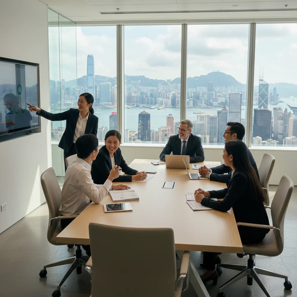 A photorealistic image depicting a diverse group of professionals in a modern Hong Kong office setting, symbolizing diversity, equity, and inclusion. The group includes people of various ethnicities, ages, and genders collaborating around a table, smiling and engaged in discussion, with Hong Kong skyline visible through large windows in the background. No children are present.