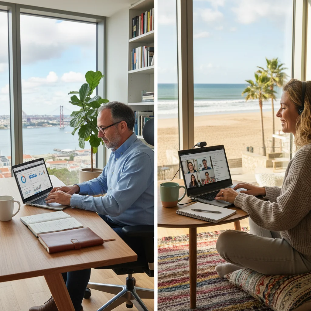 A photorealistic hero image depicting the benefits of telework policy for companies in Portugal, showing a diverse group of adult professionals working remotely from scenic Portuguese locations like a home office with views of Lisbon or the Algarve coast, emphasizing flexibility, productivity, and work-life balance. No children are present in the image.
