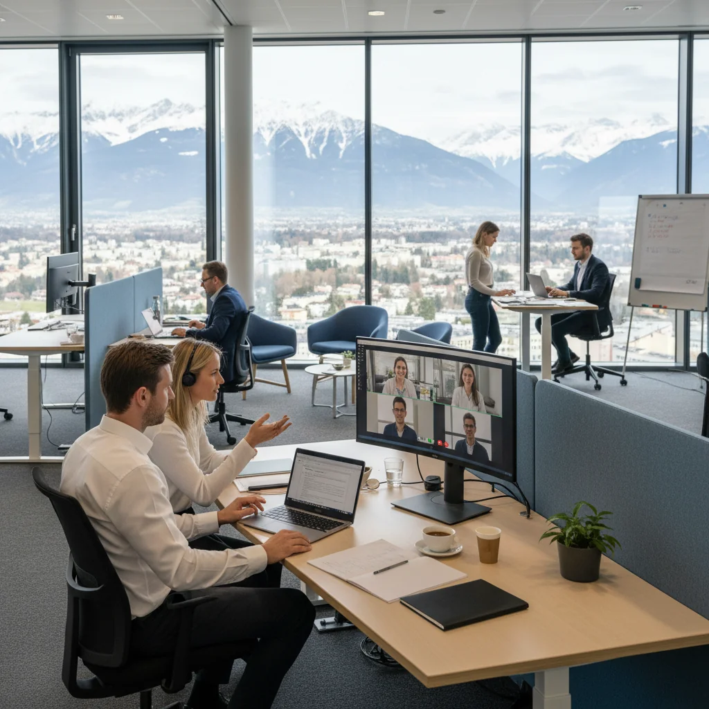 A photorealistic image depicting hybrid work models in Austria, showing a diverse group of professionals in a modern office space with some working remotely via laptops, surrounded by Austrian cultural elements like alpine views visible through windows, conveying flexibility and balance in work life.