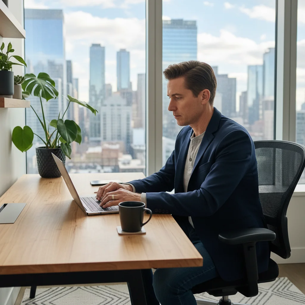 A photorealistic scene of a professional adult working remotely from a modern home office, using a laptop, with a comfortable setup including plants and natural light, symbolizing effective smart working policy.