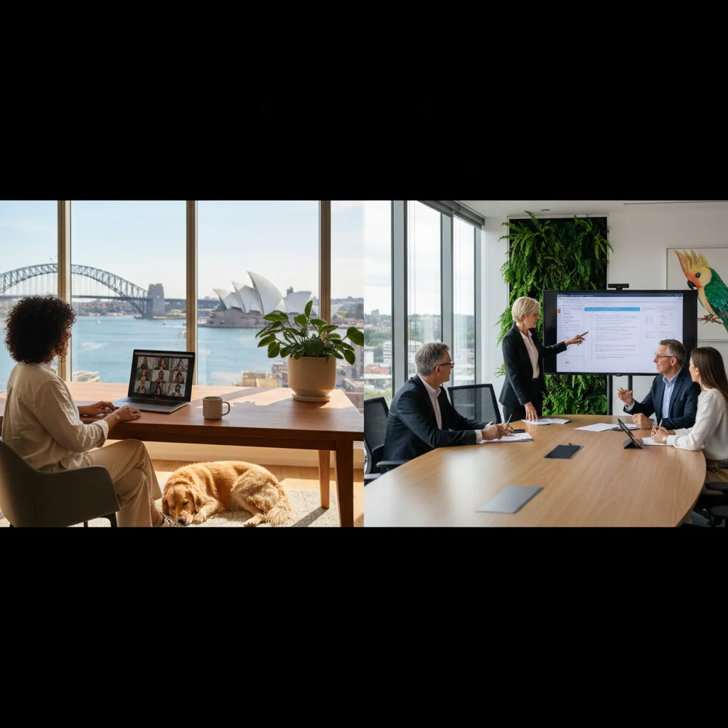 A photorealistic scene depicting a hybrid work environment in an Australian business setting, showing a diverse group of adults: one professional working remotely from a home office with a laptop and video call on screen, another in a modern office collaborating with colleagues around a table, all looking engaged and productive, with subtle Australian elements like eucalyptus plants or city skyline in the background.