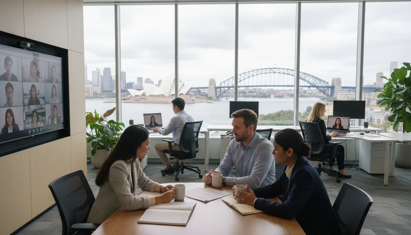 Diverse professionals in hybrid office meeting