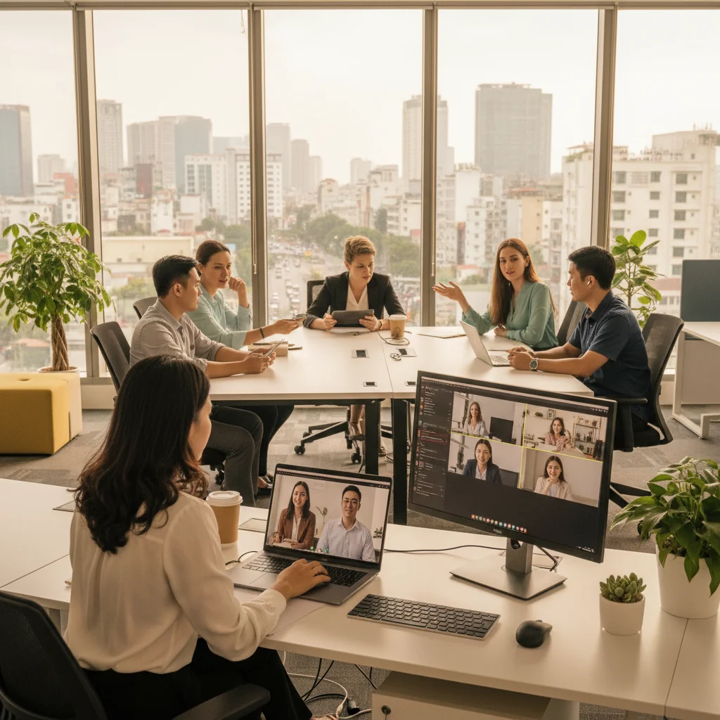A photorealistic image capturing the challenges of hybrid work in a Vietnamese business setting, showing a diverse group of adult professionals in a modern office blended with remote elements like video calls on screens, evoking a sense of adaptation and collaboration without any children present.