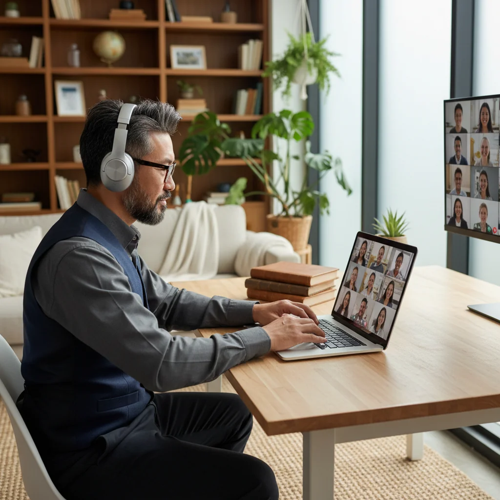 A photorealistic hero image depicting a professional adult employee working remotely from a modern home office setup, using a laptop to participate in a video conference call, symbolizing changes in remote and hybrid work policies in the Russian Labor Code. The scene includes natural light from a window, ergonomic desk, and comfortable surroundings to represent flexible work arrangements. No children are present in the image.