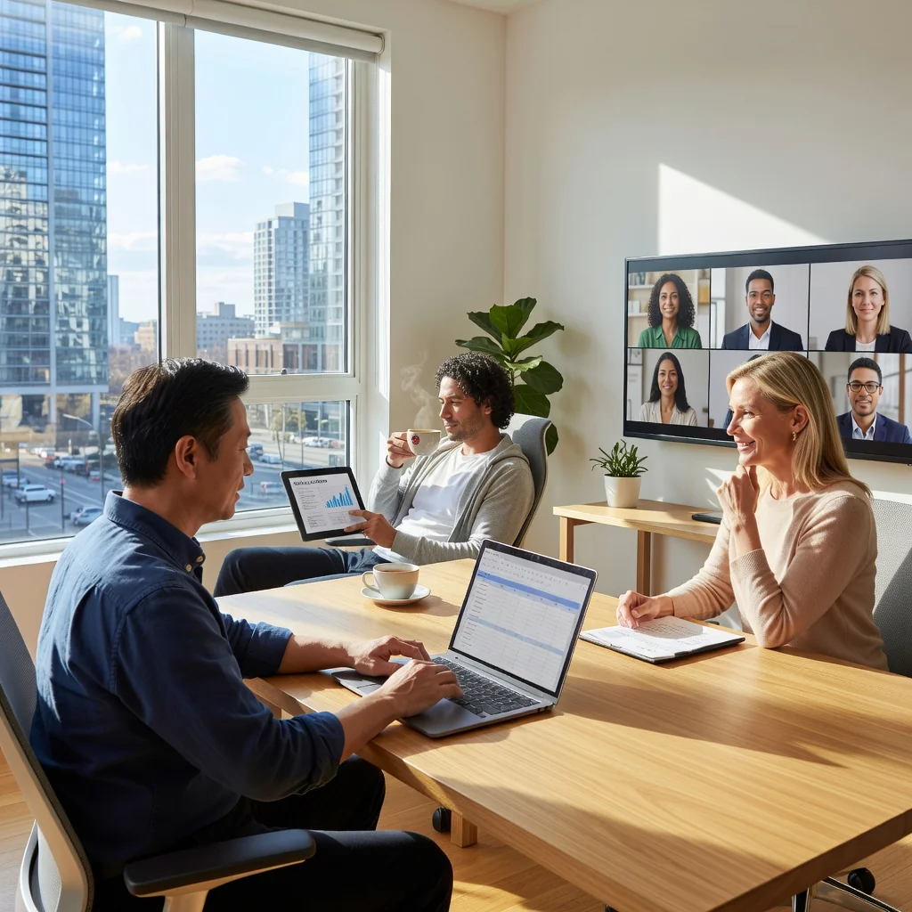 A photorealistic image depicting remote work in a modern home office setup, showing a diverse group of adult professionals working comfortably from home using laptops and video calls, symbolizing the flexibility and policy of remote work in the United States.