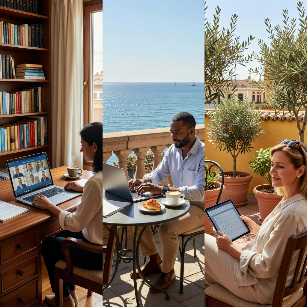 A photorealistic hero image depicting effective remote work in Spain, showing a diverse group of adult professionals working from home and outdoor Spanish locations. One person in a modern home office in Madrid with a laptop and video call, another in a Barcelona cafe with sea view typing on a computer, and a third in a sunny Andalusian garden on a balcony using a tablet. Convey productivity, balance, and the benefits of telework policy. No children present. High detail, natural lighting, realistic textures.