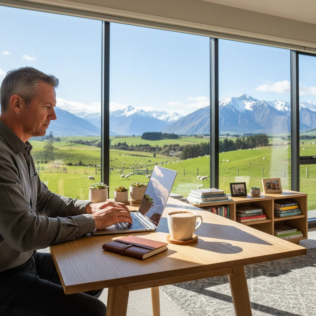 A photorealistic scene of a professional adult working remotely from a scenic home office in New Zealand, with views of lush green hills and mountains in the background, symbolizing balanced remote work policies.