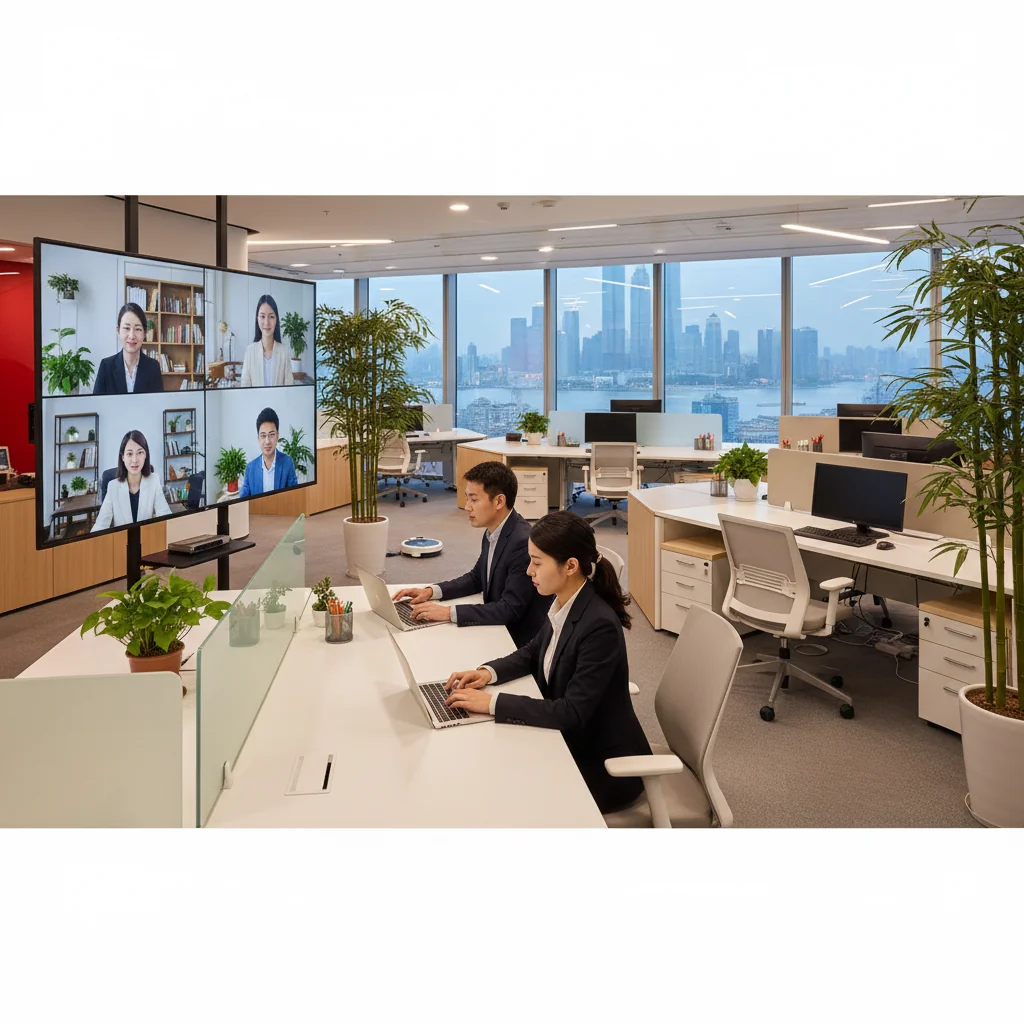 A photorealistic image depicting the hybrid office model in a Chinese corporate setting, showing a diverse group of adult professionals in a modern office space, some working at desks with laptops, others in a relaxed meeting area via video call, with subtle Chinese cultural elements like traditional decor blended with contemporary design, conveying balance between remote and in-office work, no children present, no text or documents visible.