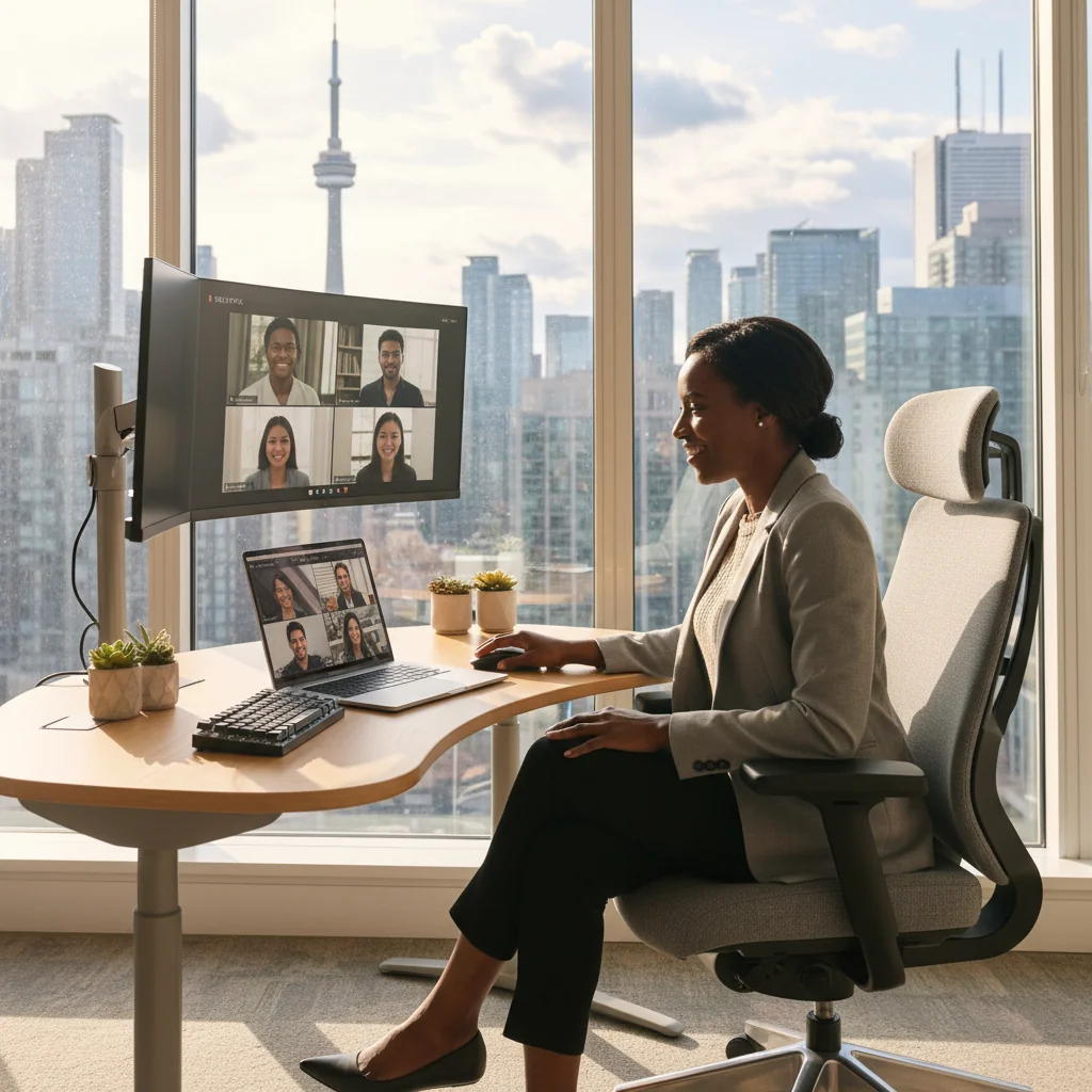 A photorealistic image depicting a professional adult in a modern hybrid work setup, working remotely from a home office while connected to a team via video call on a laptop, symbolizing legal aspects of remote work in Canada with a subtle maple leaf in the background, no children present.