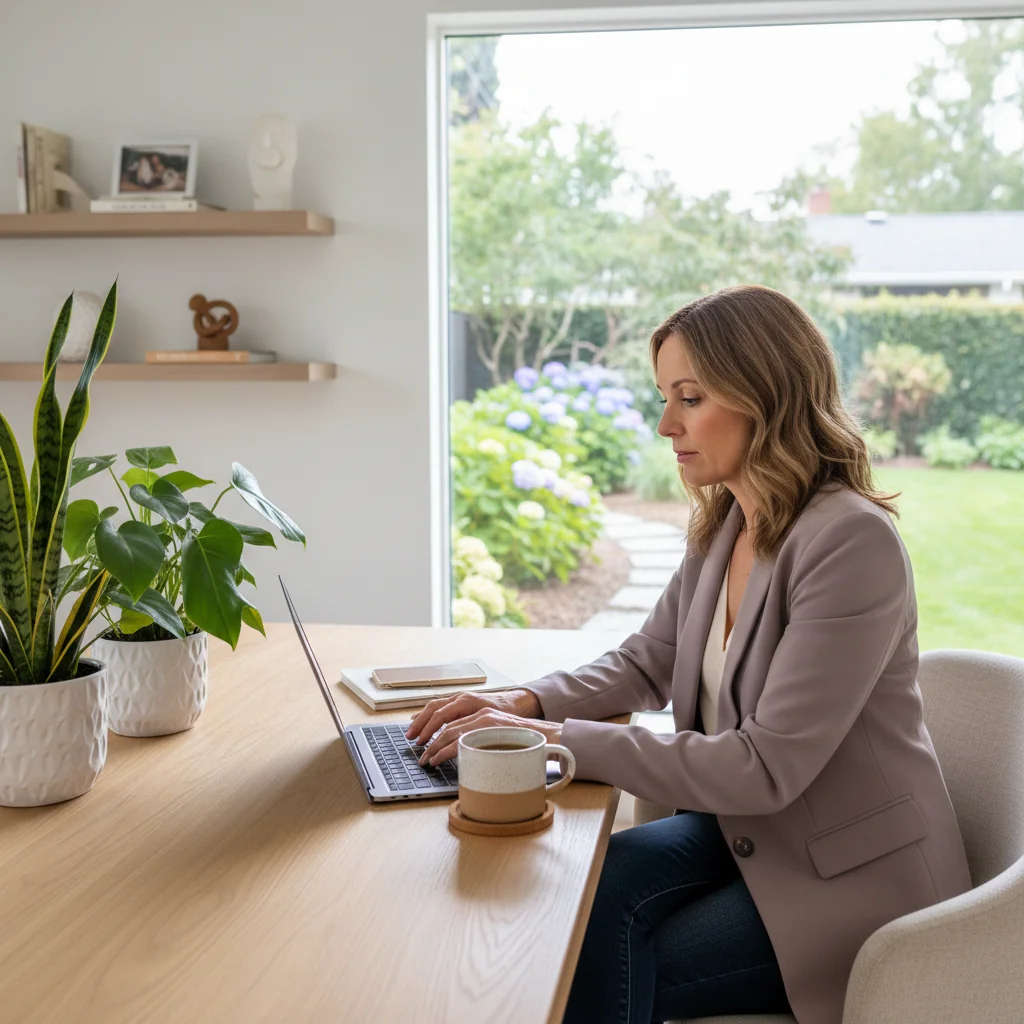 A photorealistic image depicting the advantages and obligations of telework charter, showing a professional adult working from a modern home office setup with a laptop, comfortable chair, natural light from a window overlooking a serene outdoor view, symbolizing flexibility, work-life balance, and remote productivity without any corporate documents visible.