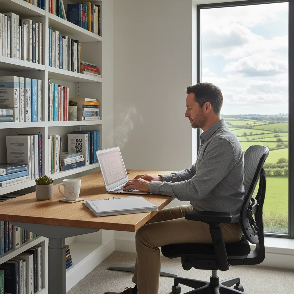 A photorealistic hero image depicting a professional adult woman working remotely from a cozy home office in the UK, with a laptop on a wooden desk, a Union Jack flag visible on a shelf, soft natural light from a window overlooking a British countryside, symbolizing navigation of remote work regulations.