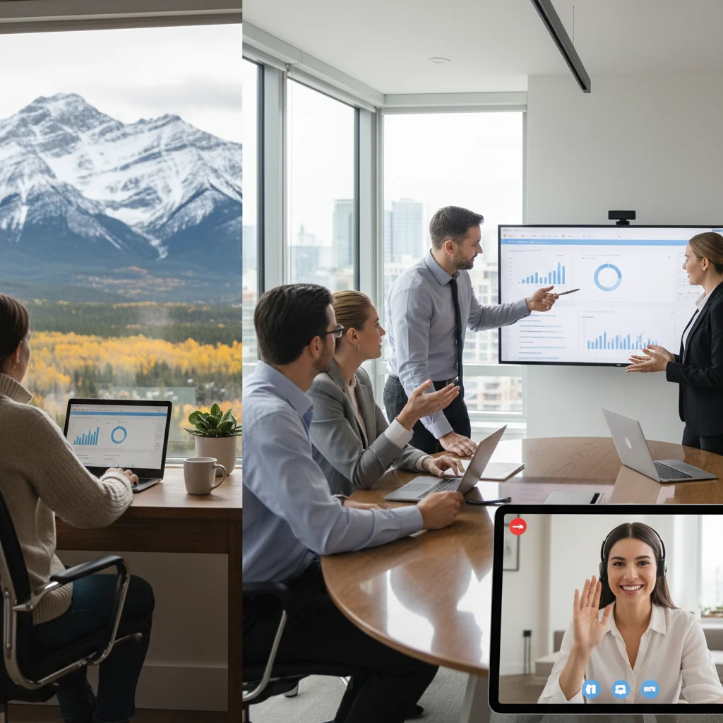 A photorealistic scene depicting hybrid work in a Canadian business setting, showing a diverse group of adult professionals collaborating remotely and in-office. One person works from a home office with a laptop overlooking a scenic Canadian landscape like mountains or forests, while others are in a modern office space with natural light, all connected via video call on screens, symbolizing balanced hybrid policy. No children present.