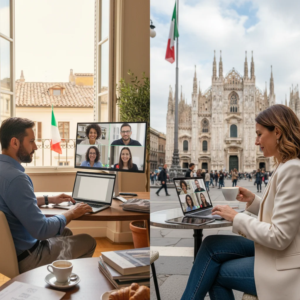 A photorealistic scene depicting the advantages and challenges of agile work in Italian companies, showing a diverse group of adult professionals working remotely from a modern home office in Italy with scenic views, using laptops and video calls, conveying flexibility, collaboration, and work-life balance, no children present.