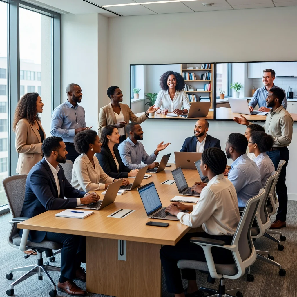 A photorealistic hero image depicting the concept of hybrid work for US companies, showing a diverse group of professional adults in a modern office setting collaborating with remote workers via video call on large screens, emphasizing flexibility, balance between office and home work environments, with elements like laptops, coffee mugs, and city skyline view, no children present, no documents or text visible.