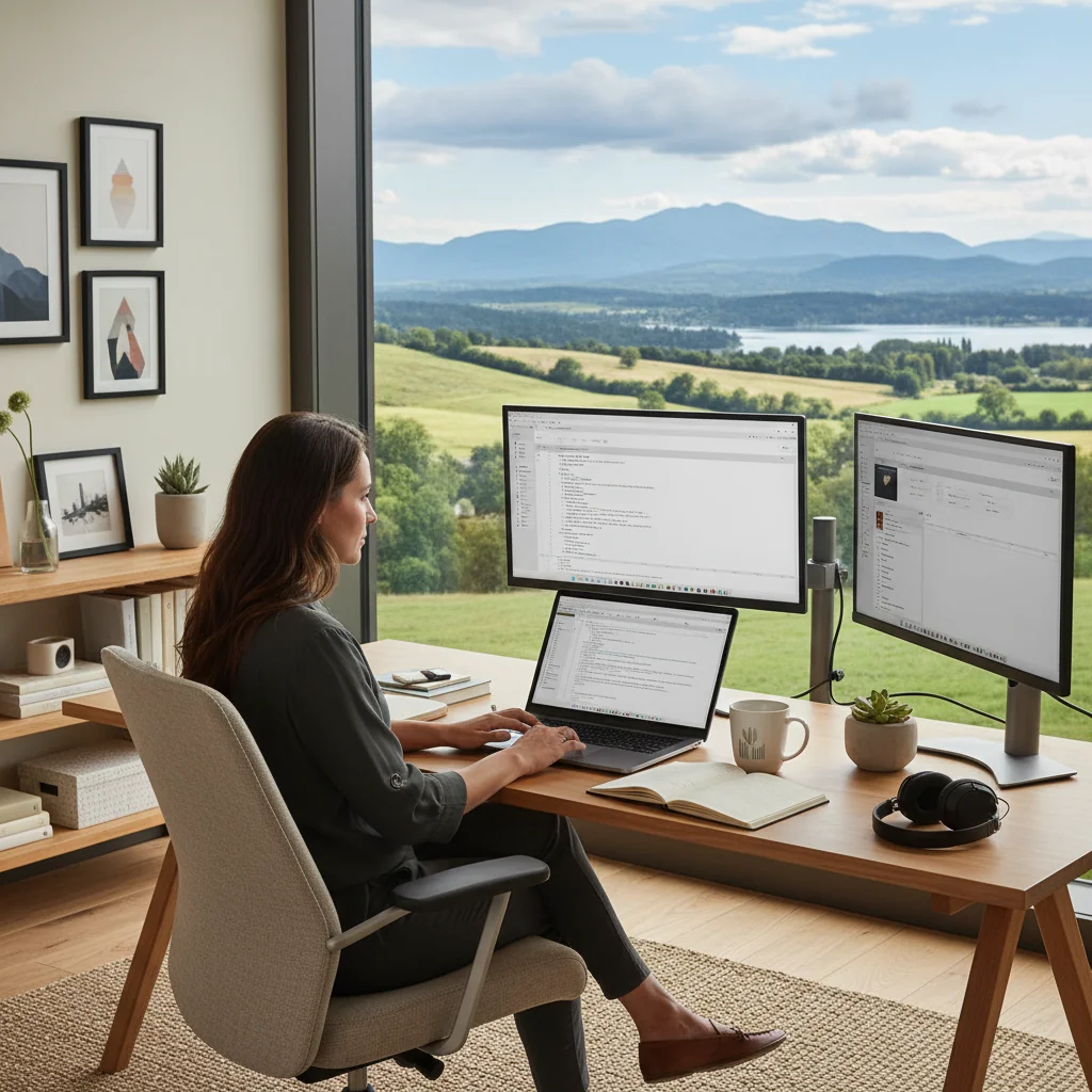 A photorealistic image of a professional adult working remotely from a cozy home office, sitting at a desk with a laptop, surrounded by plants and natural light streaming through a window, symbolizing the flexibility and balance of telework.