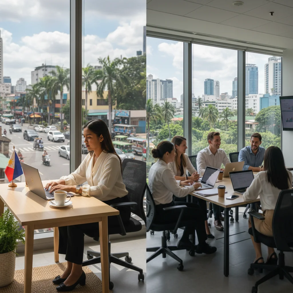 A photorealistic image depicting a diverse group of adult professionals in a hybrid work environment in the Philippines. In the foreground, a young woman works remotely from a cozy home office with a laptop and tropical plants, overlooking a Manila cityscape. In the background, colleagues collaborate in a modern office space with large windows showing urban Philippine skyline, symbolizing flexibility and balance in hybrid work policies. No children are present. The scene conveys productivity, collaboration, and work-life harmony.
