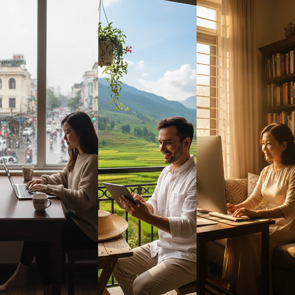 A photorealistic image depicting the benefits of remote work in Vietnam, showing a diverse group of Vietnamese adults working comfortably from home or scenic outdoor locations like a balcony overlooking Hanoi or a beach in Da Nang, using laptops and video calls, with expressions of satisfaction and productivity, emphasizing work-life balance, no children present.