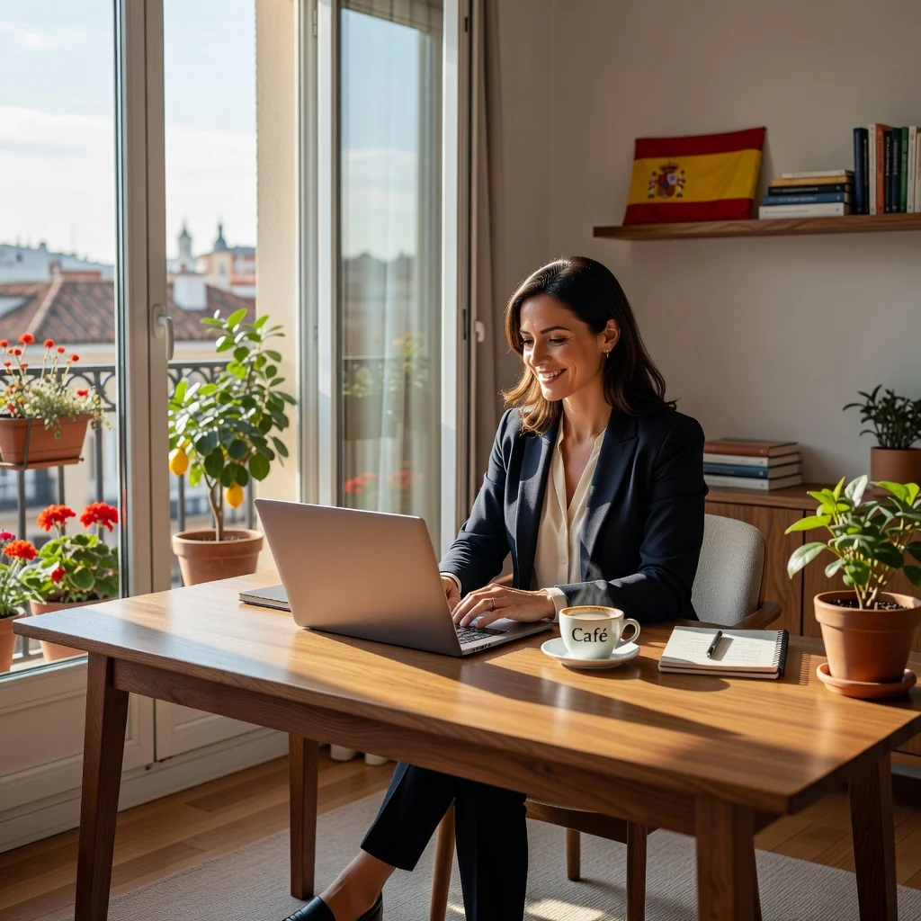 A photorealistic hero image depicting remote work in Spain, showing a diverse group of adults working from home and outdoor settings, with Spanish cultural elements in the background, symbolizing the flexibility and policy of teletrabajo. No children are present.