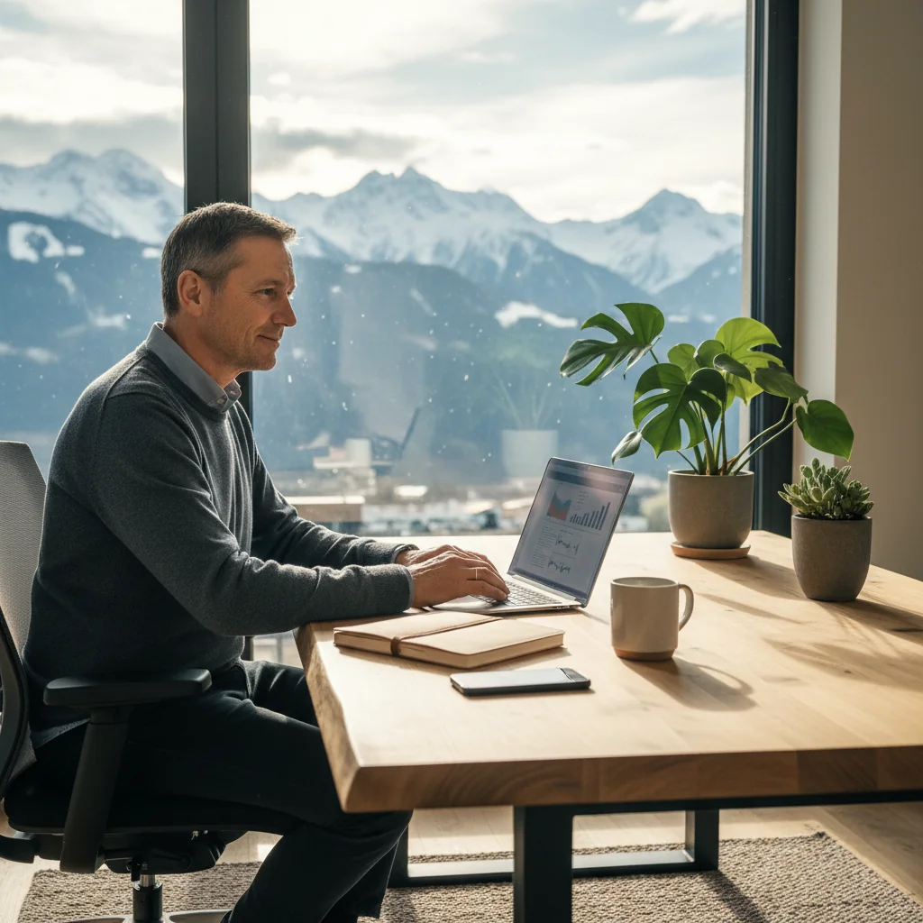 A photorealistic scene of a professional adult working remotely from a cozy home office in Austria, with a laptop on a desk, a window showing alpine views, and a coffee mug nearby, symbolizing the benefits of mobile working policies.