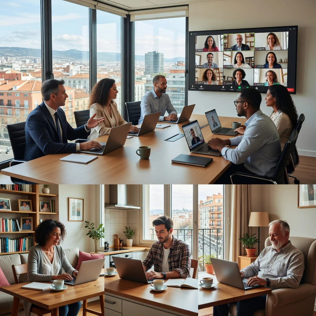 A photorealistic image representing the benefits of hybrid work for Spanish companies, showing a diverse group of adult professionals in a modern office and home setting, collaborating via video call, looking productive and balanced, with Spanish cultural elements like a flag or architecture in the background.