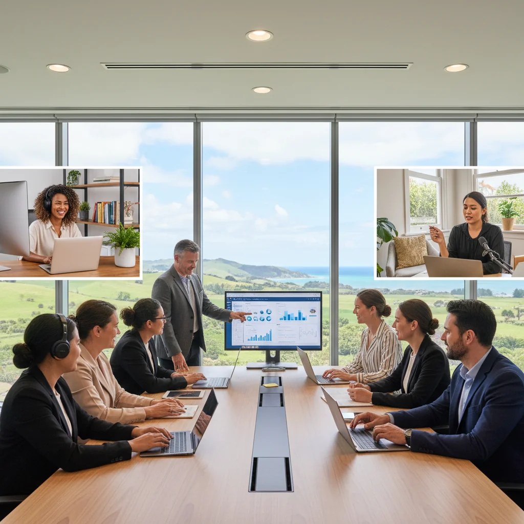 A photorealistic image depicting a diverse group of professionals in a hybrid work environment, including some working from a modern office with collaborative setups and others engaged in remote work from home offices, symbolizing flexibility and balance in New Zealand businesses. The scene should convey productivity, technology integration like laptops and video calls, and a sense of work-life harmony, with natural New Zealand landscapes visible in the background through windows. No children or unrelated elements should be present.