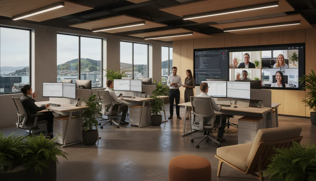 Hybrid office workers collaborating remotely