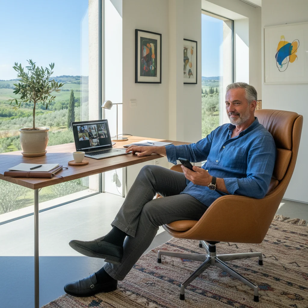 A photorealistic image representing agile work in Italy, showing a professional adult working remotely from a modern home office with Italian countryside view, using laptop and smartphone, looking focused and balanced, symbolizing flexibility in Italian labor policy.