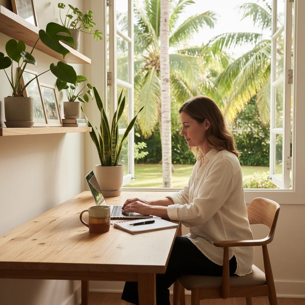 A photorealistic image depicting a professional adult woman working remotely from a home office in the Philippines, with a laptop on a wooden desk, a window showing a tropical outdoor view with palm trees, and modern home setup elements like plants and bookshelves, conveying a sense of balanced hybrid work life. No children are present in the scene.