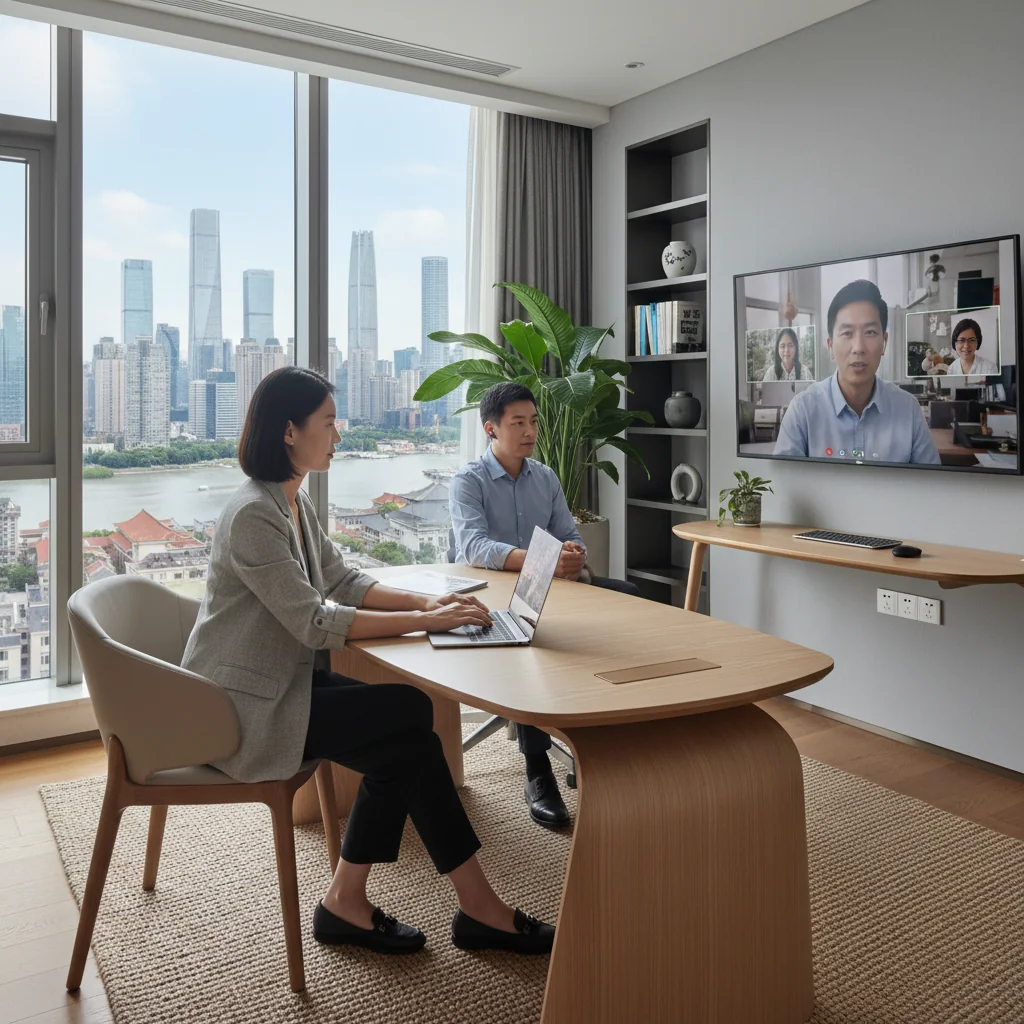 A photorealistic image depicting a diverse group of adult professionals engaged in remote work from home offices, symbolizing the implementation of China's remote office policies. Show one person working on a laptop at a modern desk with a city skyline visible through a window, another on a video call, emphasizing productivity and flexibility in a professional setting.