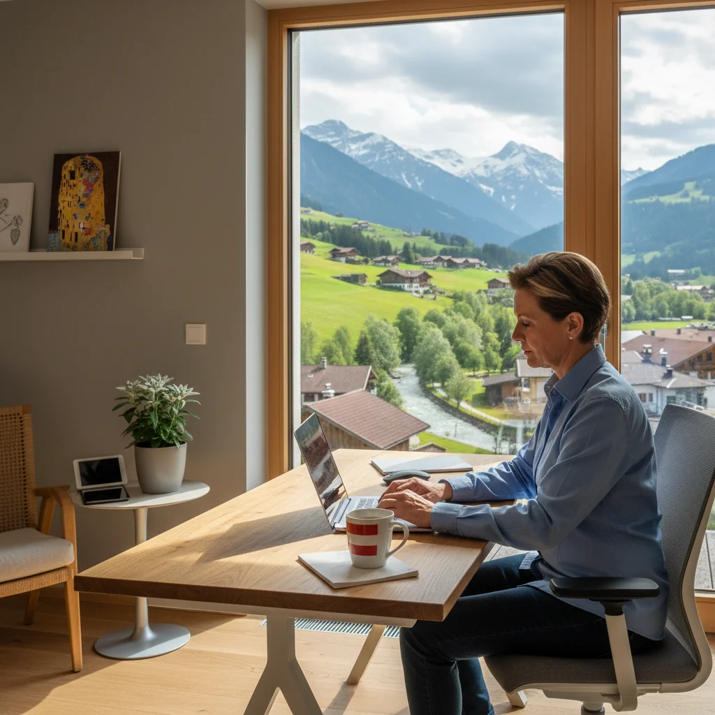 A photorealistic image depicting a professional adult working remotely from a cozy home office in Austria, with a laptop on a desk, a window showing Austrian Alps in the background, symbolizing mobile working and legal foundations for it. No children present.