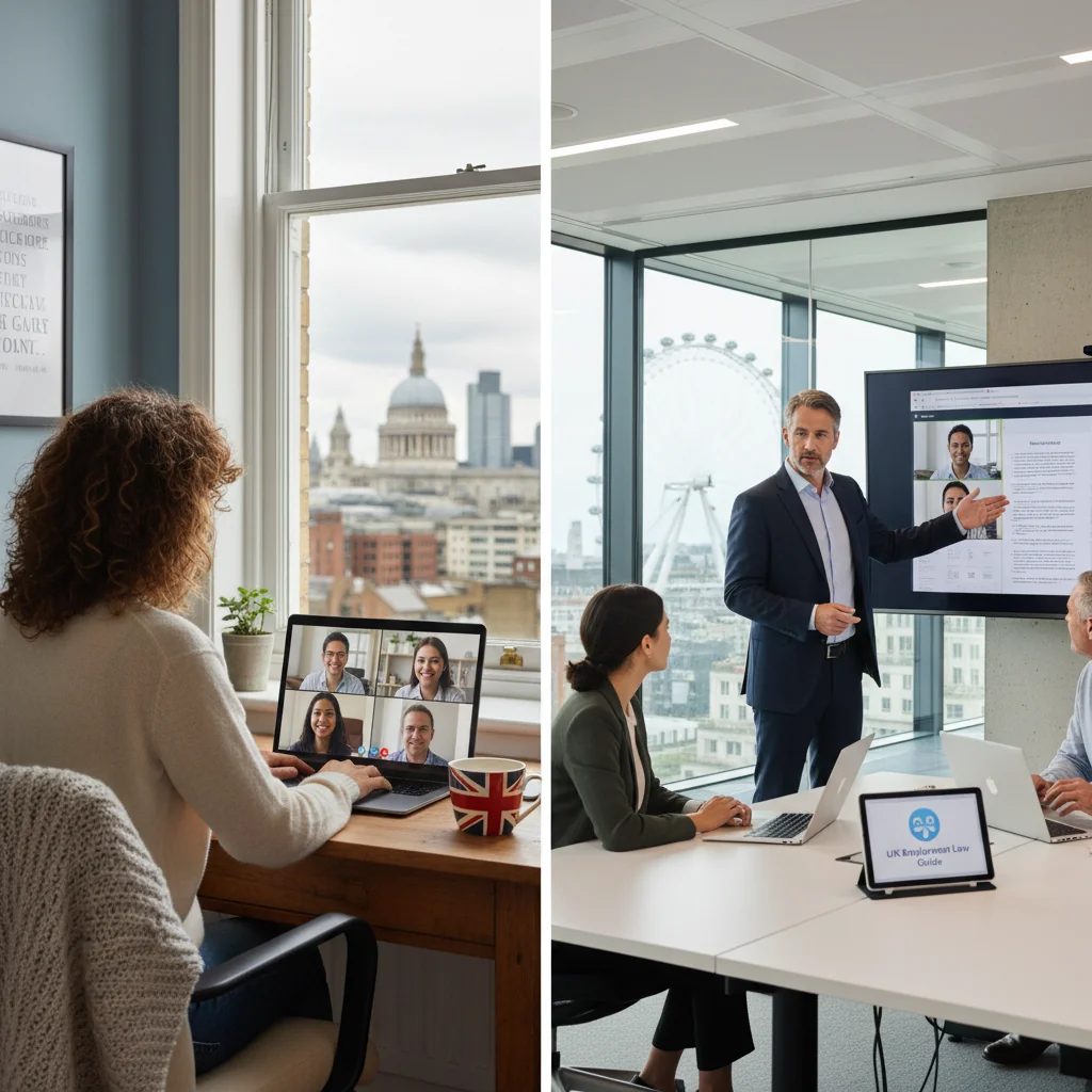 A photorealistic image depicting remote and hybrid employment in the UK, showing a diverse group of adult professionals working from home and in a modern office, using laptops and video calls, with elements like a Union Jack flag subtly in the background to indicate the UK setting, conveying a sense of balance and productivity in flexible work arrangements.