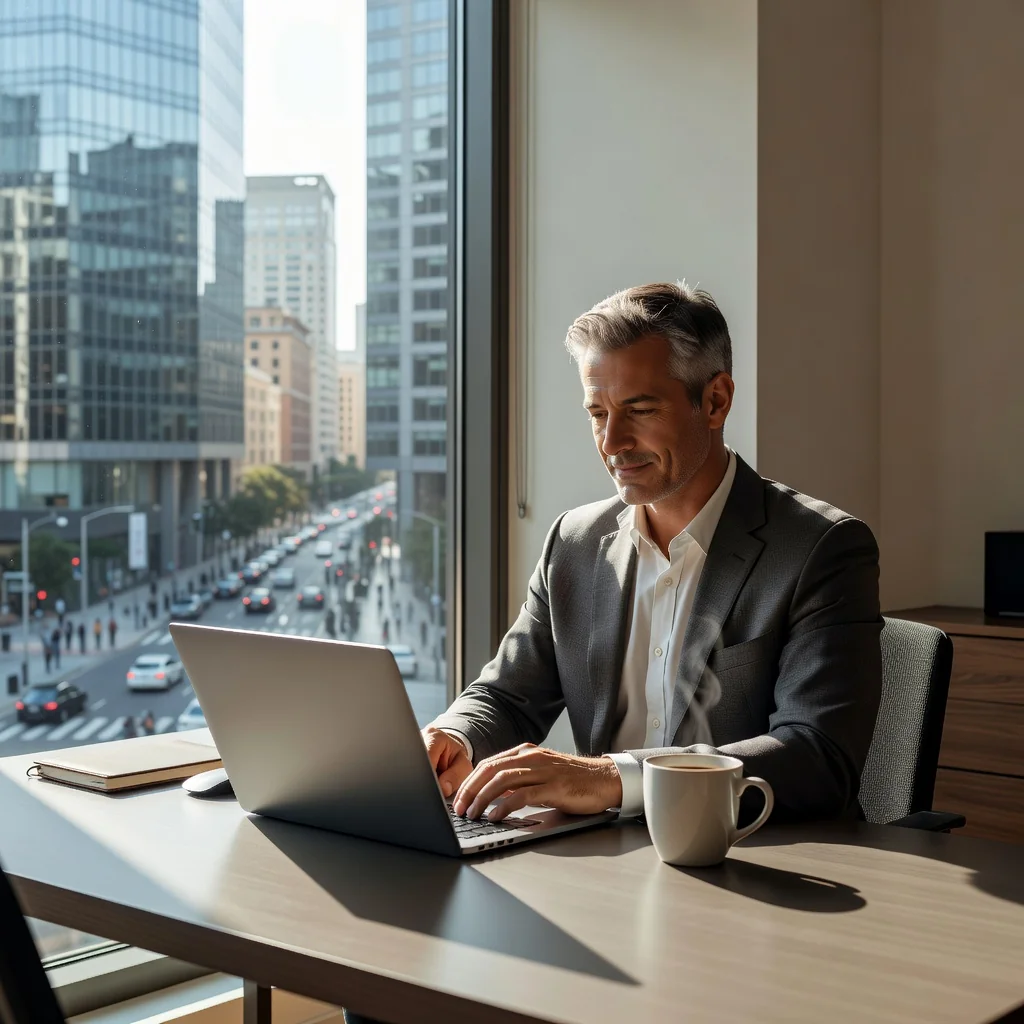 A photorealistic image depicting a professional adult working remotely from a cozy home office setup, using a laptop while enjoying a scenic view of a cityscape from a window, symbolizing the flexibility and benefits of mobile working. No children are present in the scene.