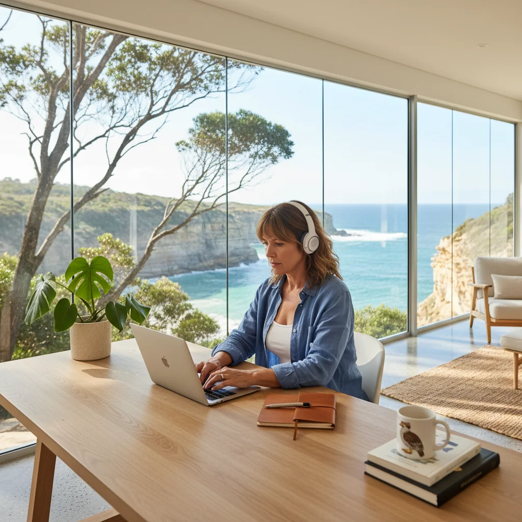 A photorealistic image depicting a professional adult working remotely from a home office in Australia, with a scenic view of the Australian landscape like the Sydney Opera House or beaches in the background, symbolizing flexible remote work policies. The scene includes a laptop, coffee mug, and comfortable workspace, conveying balance and productivity without any corporate documents.