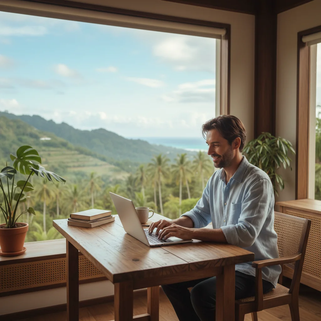 A photorealistic image depicting a professional adult working remotely from a home office in the Philippines, with a laptop on a desk, a window showing a tropical Philippine landscape like palm trees and mountains, symbolizing the benefits of remote work law, no children present.