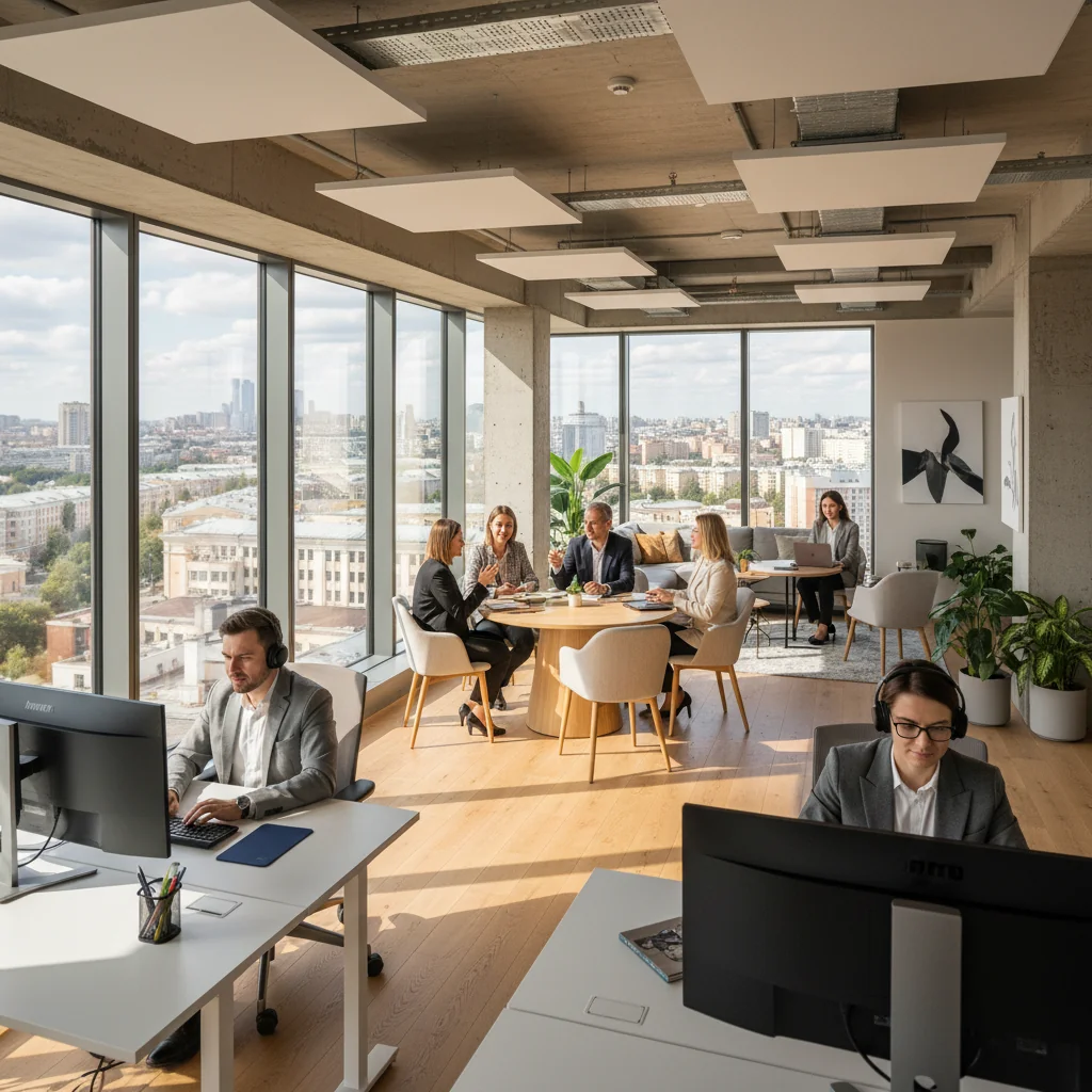 A photorealistic image depicting a diverse group of adult professionals engaged in mixed work arrangements in a modern Russian office setting, such as some working at desks with computers, others collaborating in a meeting, and a few using laptops flexibly, symbolizing hybrid remote and in-office work, with no children present.