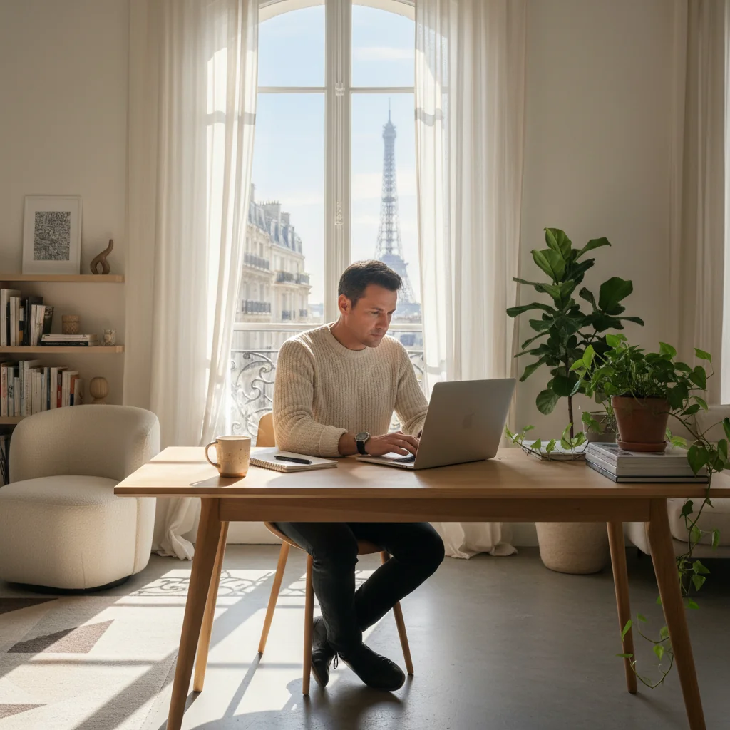 A photorealistic image depicting a professional adult working remotely from a cozy home office in France, symbolizing the charter of telework. The scene shows a focused adult at a desk with a laptop, surrounded by French elements like a window view of Parisian architecture or countryside, emphasizing work-life balance and flexibility of telecommuting.