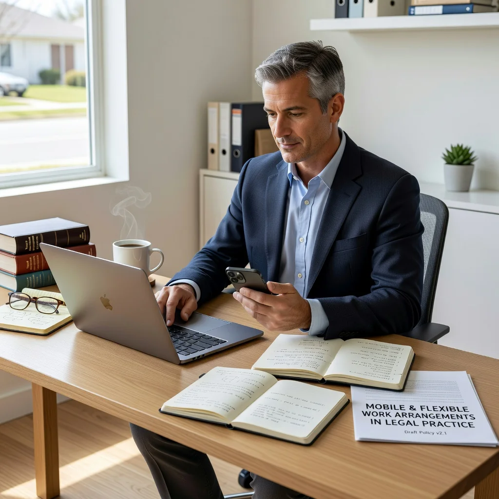 A photorealistic image depicting a professional adult working remotely on a laptop in a modern home office setup, symbolizing mobile work policies, with elements like a smartphone and notebook nearby, conveying freedom and flexibility in employment without showing any corporate documents.
