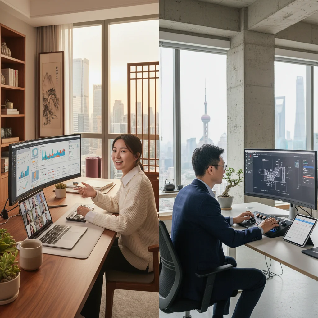 A photorealistic image depicting remote and hybrid work in a modern Chinese setting, showing a diverse group of adult professionals working from home and office spaces, with elements like laptops, video calls, and urban Chinese cityscape in the background, conveying balance and productivity in updated work regulations.