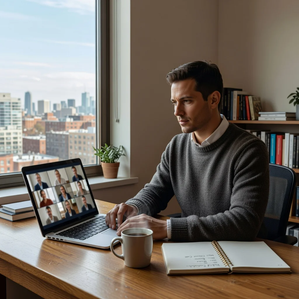 A photorealistic image depicting a professional adult working remotely from a modern home office setup, with a laptop on a desk, a video call on screen showing colleagues, and elements suggesting hybrid work like a calendar with office and home days, conveying legal and balanced work environment without any corporate documents.