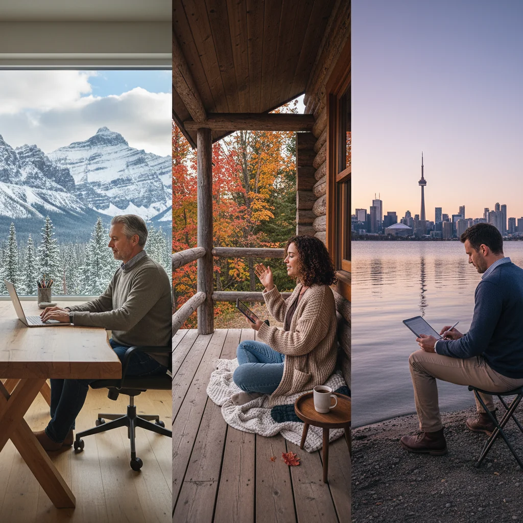 A photorealistic hero image depicting a diverse group of adult professionals working remotely from various scenic Canadian locations, such as a home office overlooking the Rocky Mountains, a laptop user at a cozy cabin in the woods, and another on a balcony with urban Toronto skyline in the background. The image emphasizes flexibility, productivity, and work-life balance in remote work settings, with no children present.