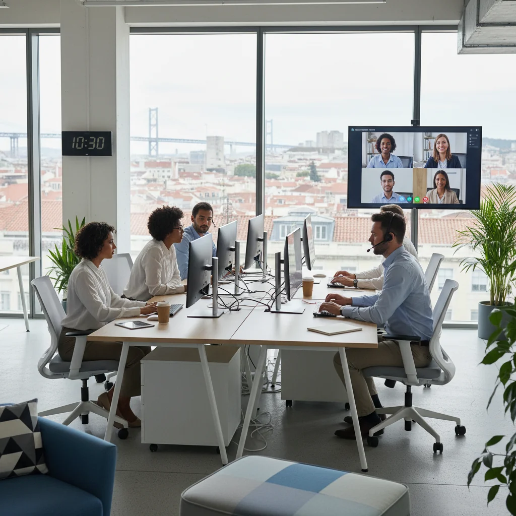 A photorealistic image depicting a professional hybrid work environment in Portugal, featuring a diverse group of adults in a modern office setting with some working remotely via video call on laptops, surrounded by elements like the Portuguese flag or Lisbon skyline in the background, symbolizing effective hybrid work policies. No children are present.