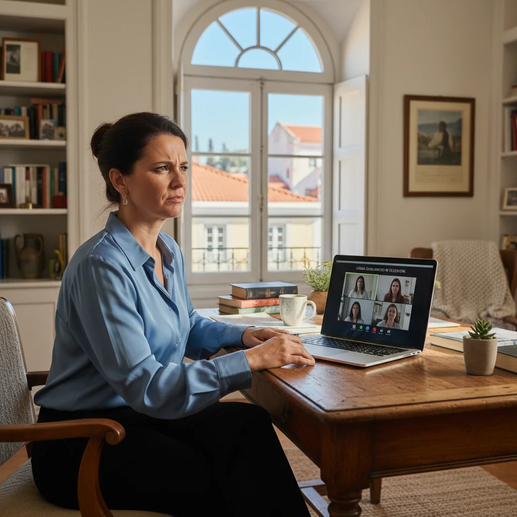 A photorealistic image depicting the challenges of remote work adoption in Portugal, showing a professional adult woman working from a home office in a modern Portuguese apartment with a window view of Lisbon's historic architecture, looking thoughtfully at her laptop while on a video call, symbolizing legal and practical hurdles in telework without any corporate documents visible.