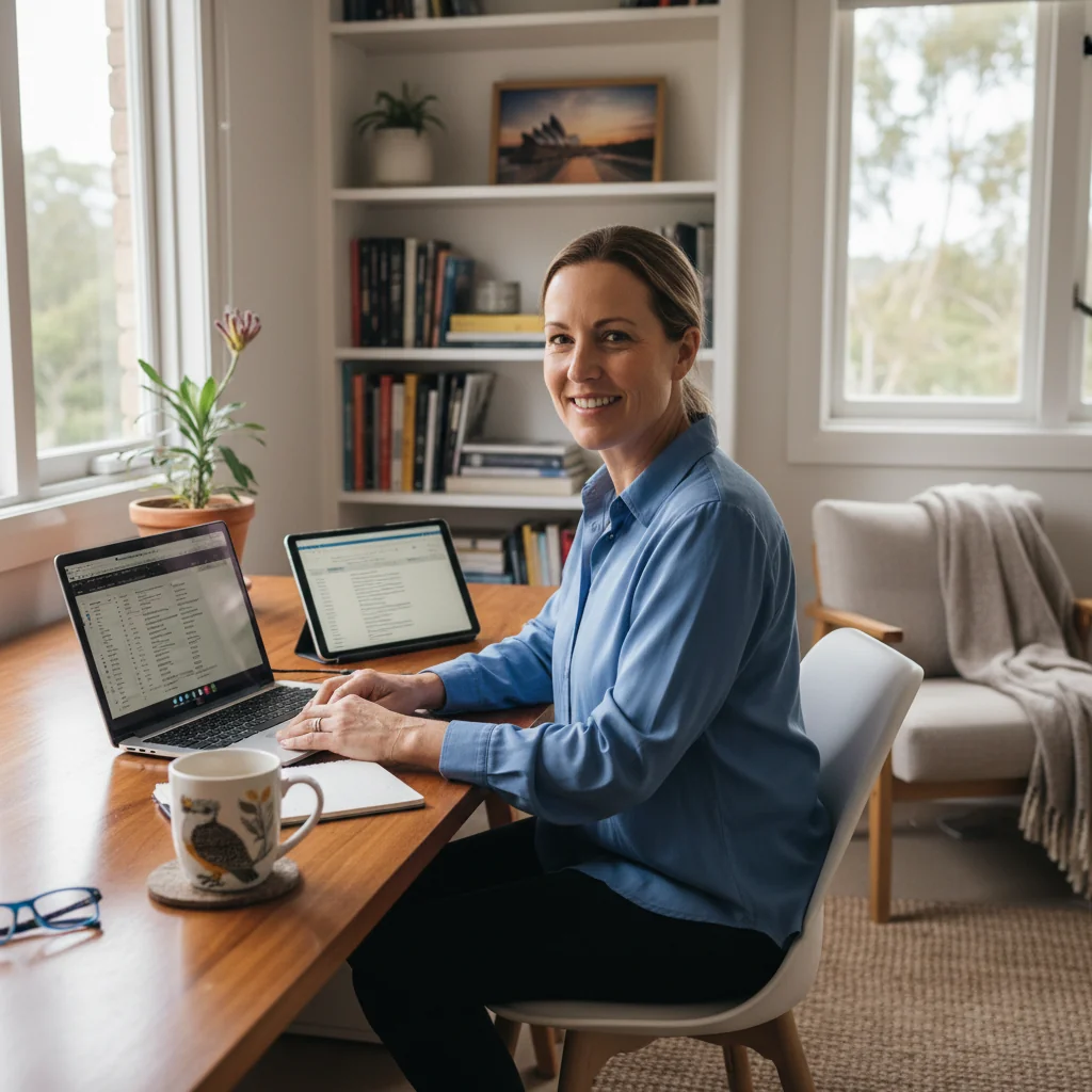 A photorealistic image depicting a professional adult in a hybrid work setup in Australia, showing a person working remotely from a home office with a laptop, video call on screen, and subtle Australian elements like a window view of Sydney skyline or eucalyptus plants, emphasizing flexibility and legal compliance in remote work without any corporate documents.