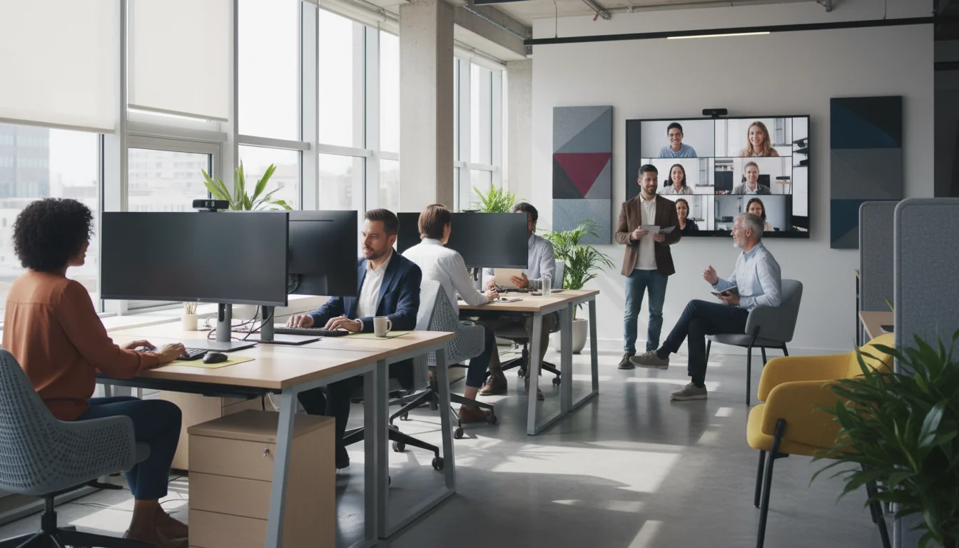 Team collaborating in hybrid office setup