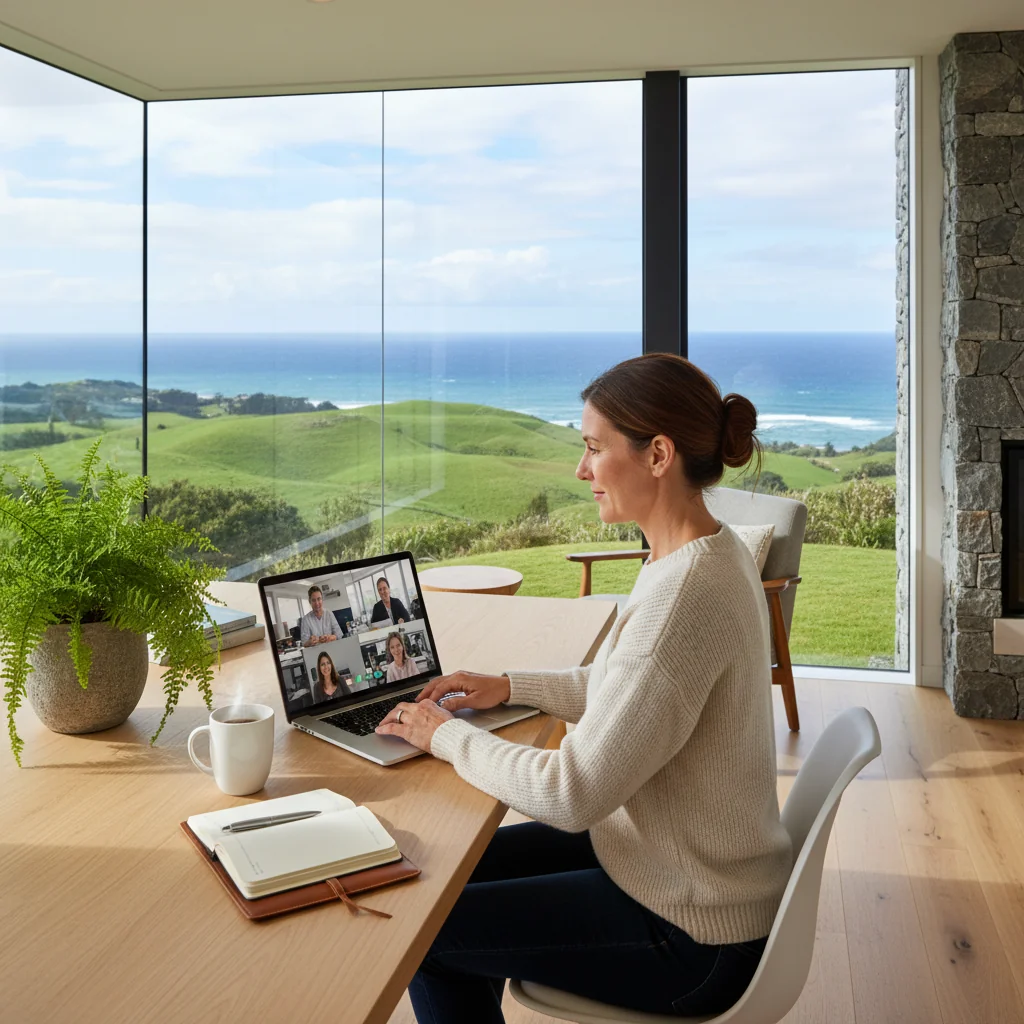 A photorealistic image depicting a professional adult in a hybrid work setting in New Zealand, showing a person working remotely from a scenic home office with views of New Zealand landscapes, balanced with elements suggesting office collaboration, emphasizing legal and balanced remote work life.