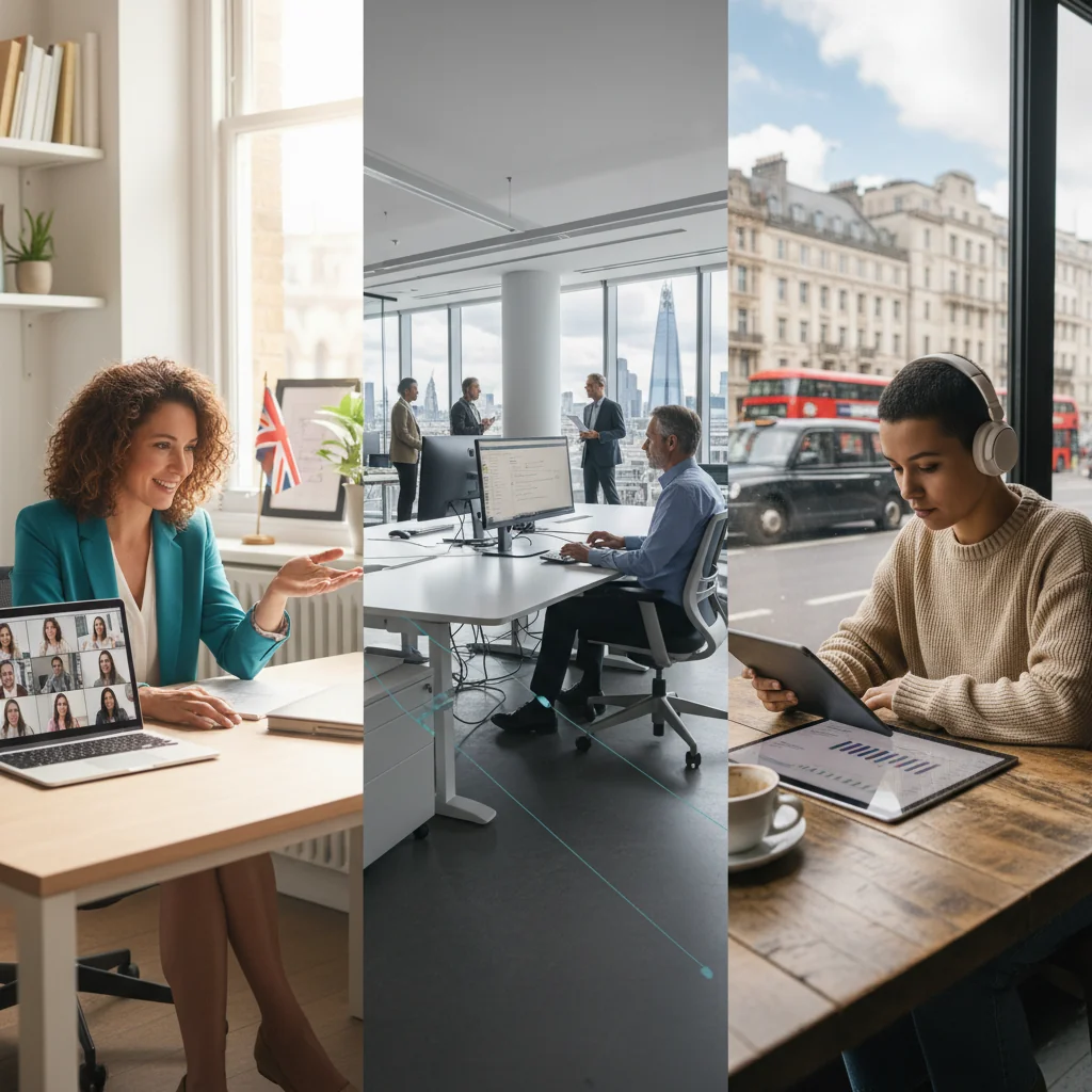 A photorealistic scene depicting hybrid working in a modern UK office environment, showing diverse adult professionals collaborating: one person working remotely from a cozy home office via video call on a laptop, another in a sleek office space typing on a computer, and a third in a coffee shop using a tablet, all connected through digital interfaces, emphasizing flexibility and productivity without any children present.