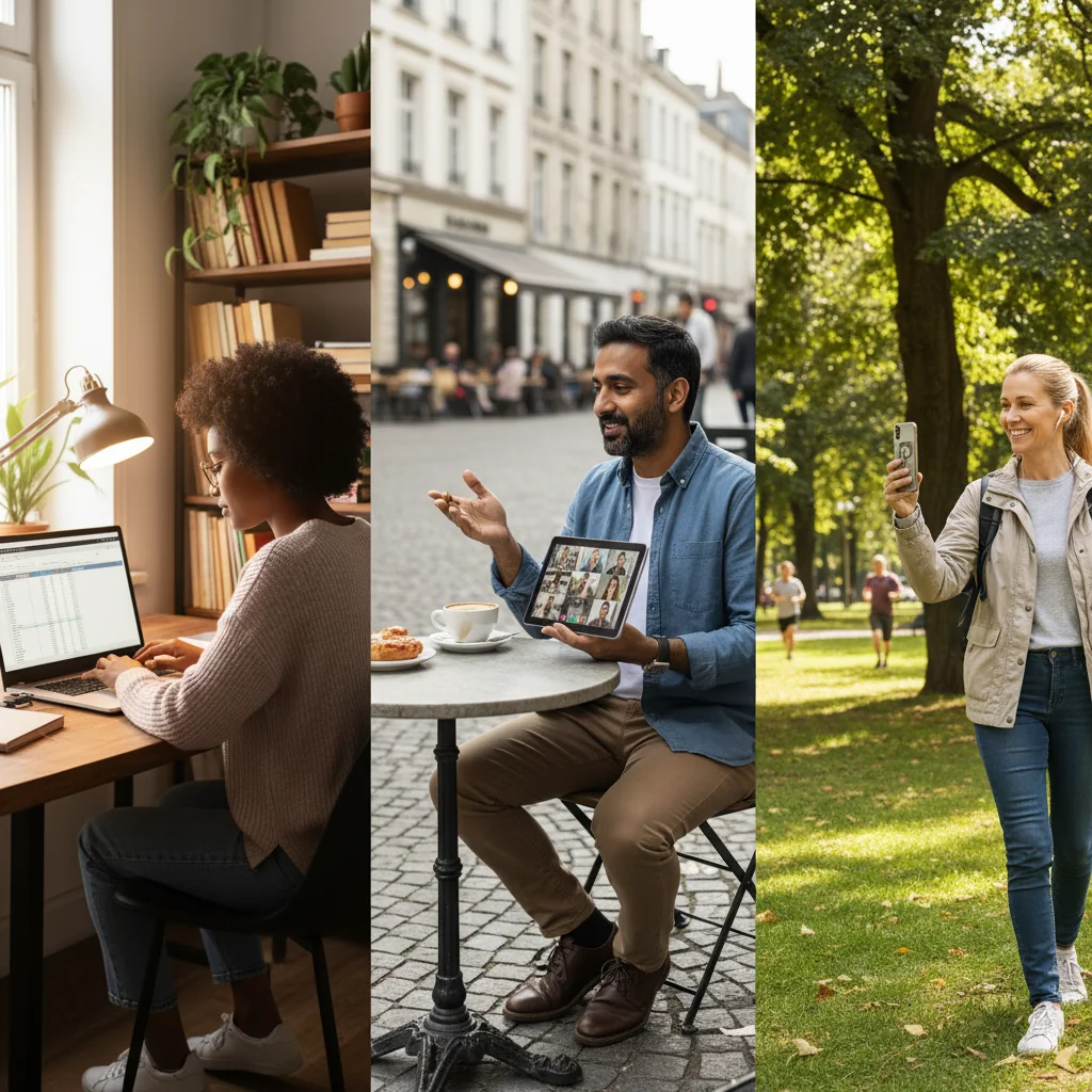 A photorealistic scene of a diverse group of adult professionals working remotely from home and outdoor settings, collaborating via video call on laptops and tablets, conveying efficiency and work-life balance, with no children present.