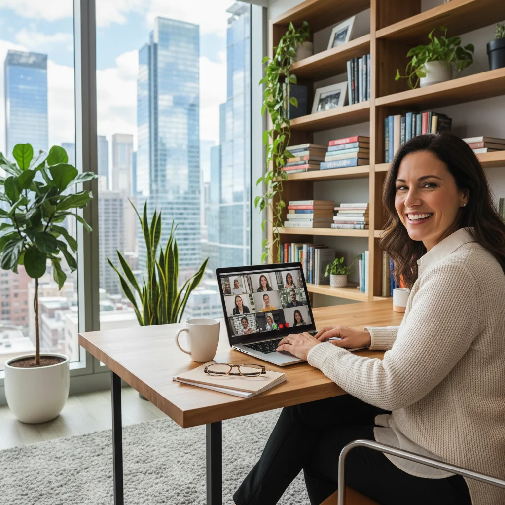 A photorealistic image depicting a professional adult woman working remotely from a cozy home office, engaged in a video conference call on her laptop, with natural light streaming in from a window, symbolizing the implementation of remote work policies. The scene emphasizes productivity, flexibility, and work-life balance in a modern setting, with no children or unrelated elements present.